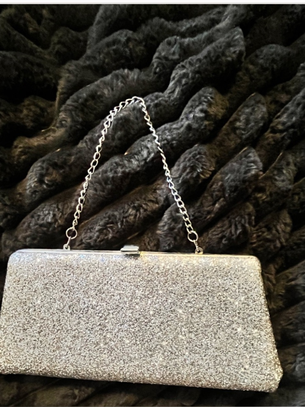 Silver Glitter Evening Clutch with Chain Strap
